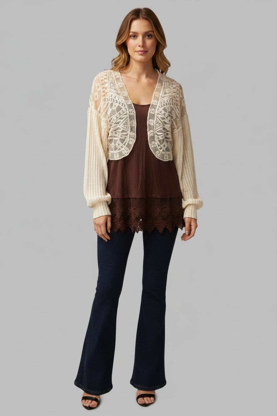 Origami Ivory Lace Crop Sweater Small